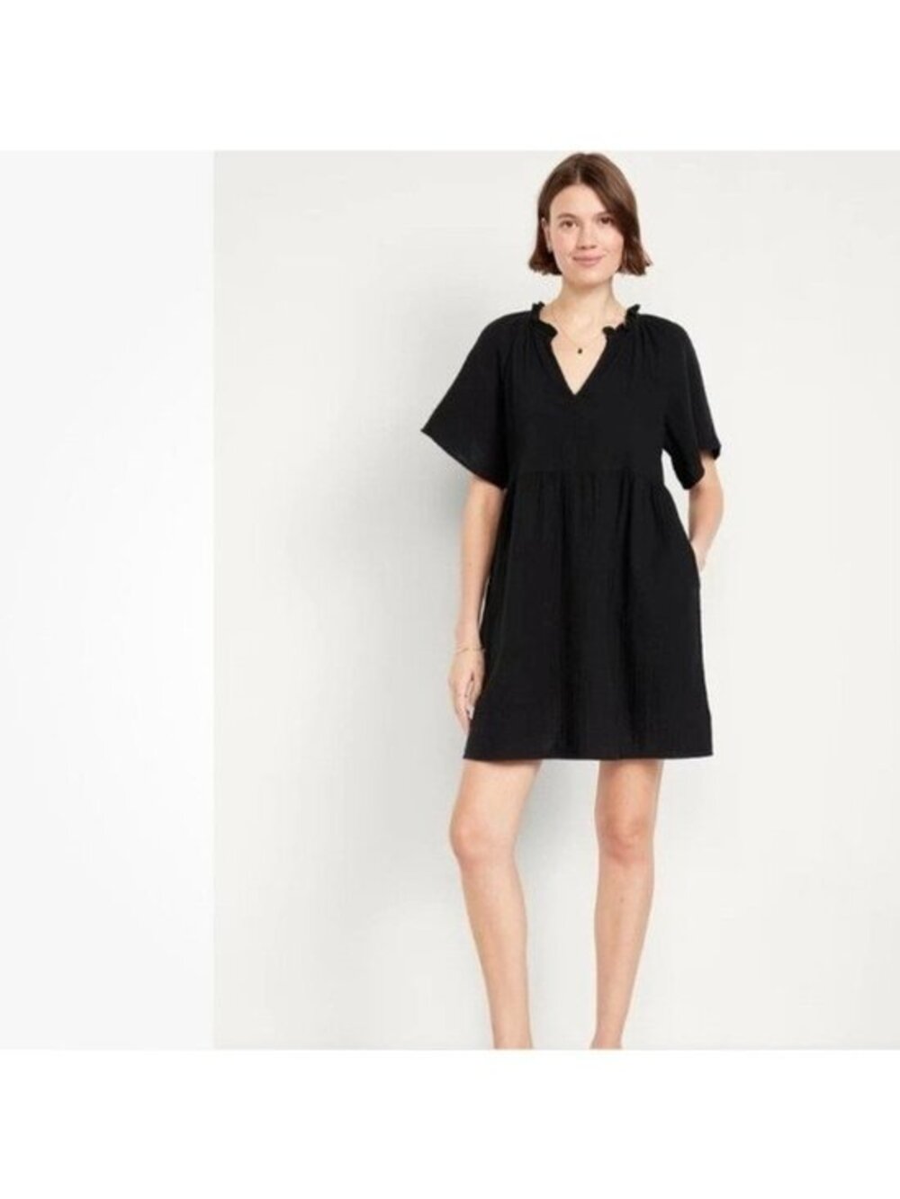 Old Navy Black V-Neck Women black Crinkle short sleeve mini dress size 4x